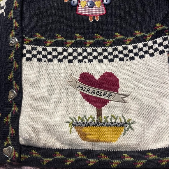 Vintage Quaker Factory Cardigan Sweater 2X 90s Patchwork Angels Topiary Flowers - Picture 3 of 10